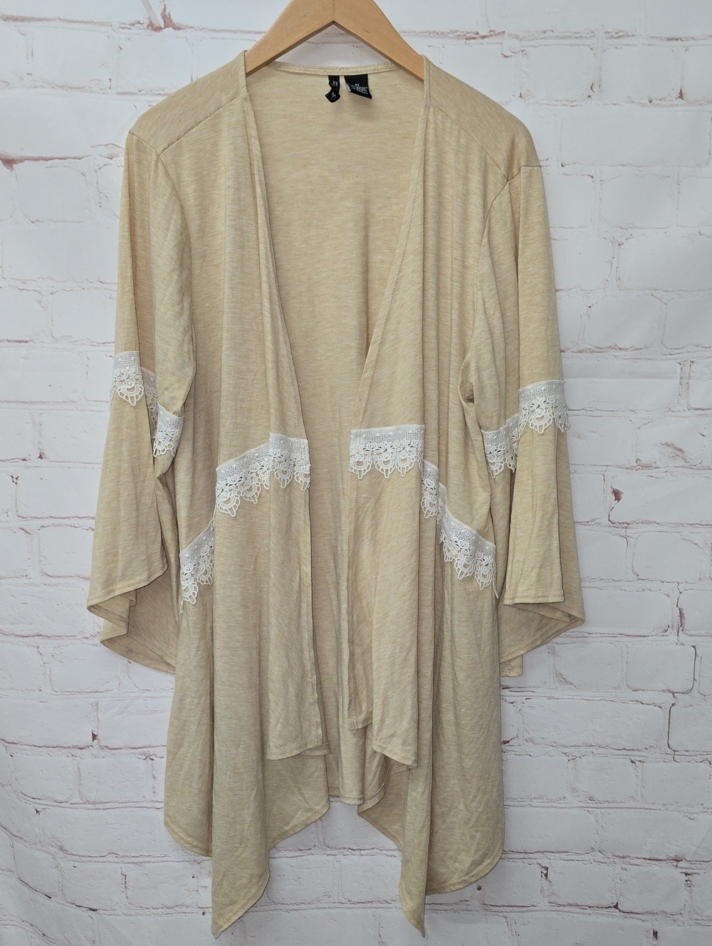 new directions Beige Open-Front Cardigan White Lace Trim Bell Sleeve Size 2x